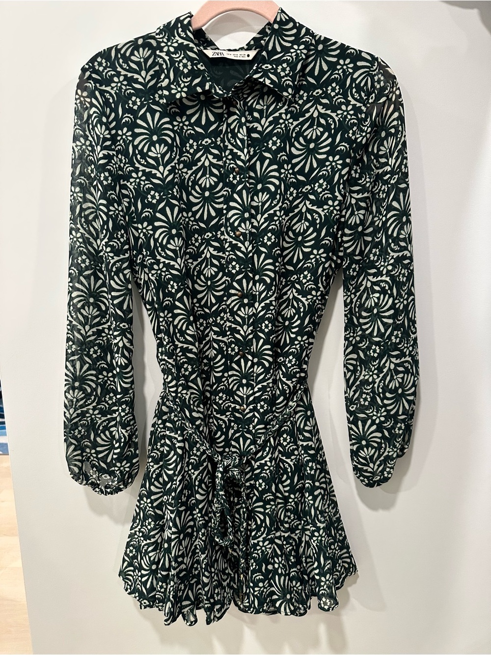 Zara dark green and white floral printed mini dress